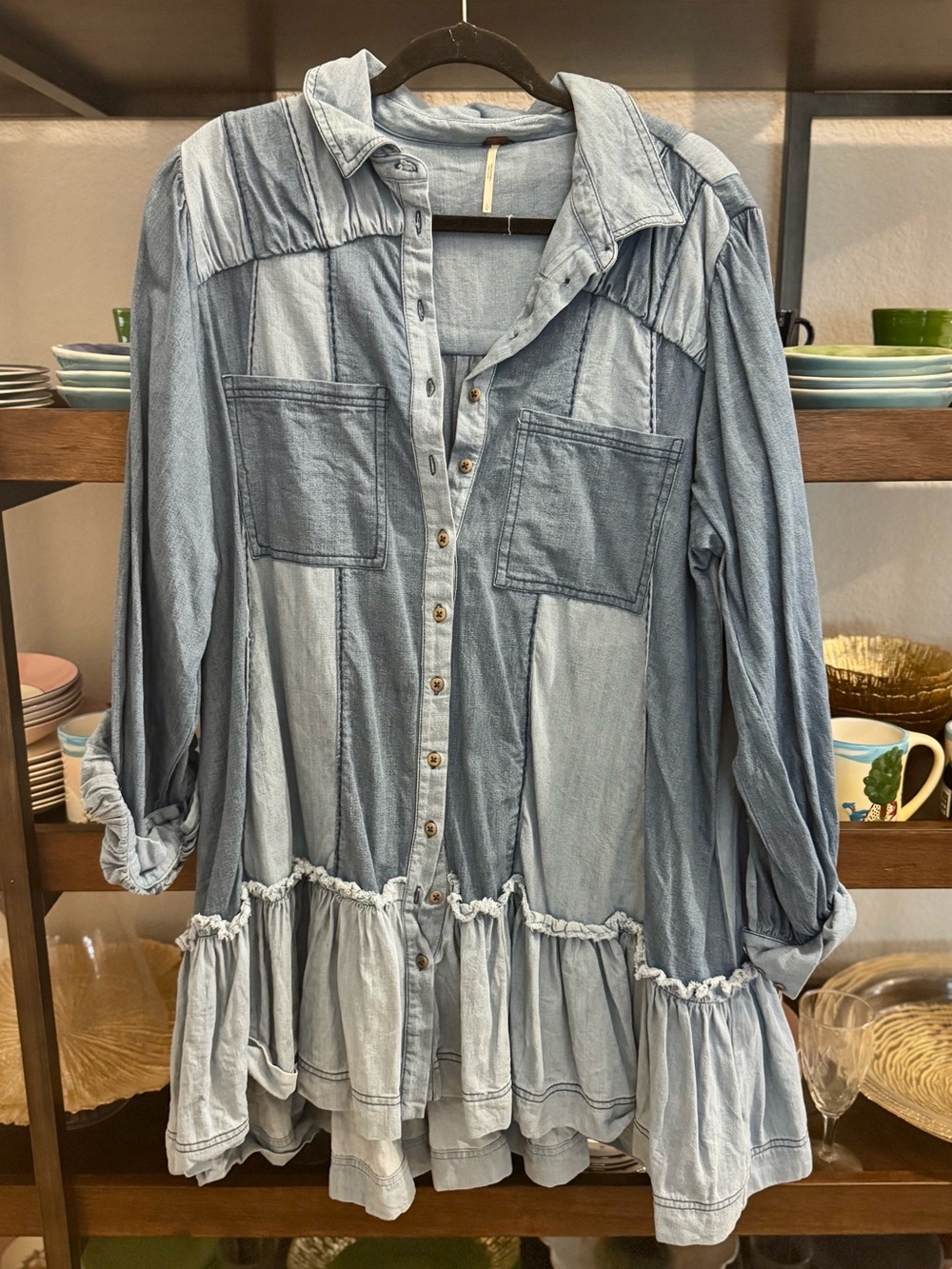Free People Patch Work Denim Button-Front Ruffle Dress